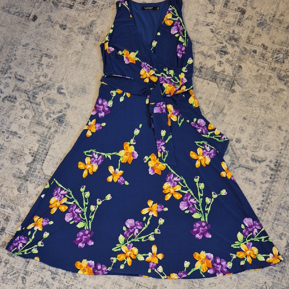 Ralph Lauren Navy Floral Faux Wrap Sleeveless Midi Dress Women's 6